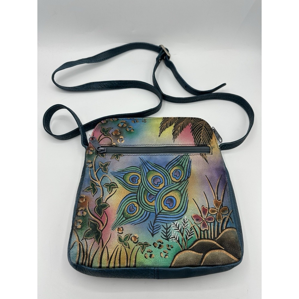 Biacci Hand Painted Leather Crossbody Bag Peacock Floral Boho Art Purse